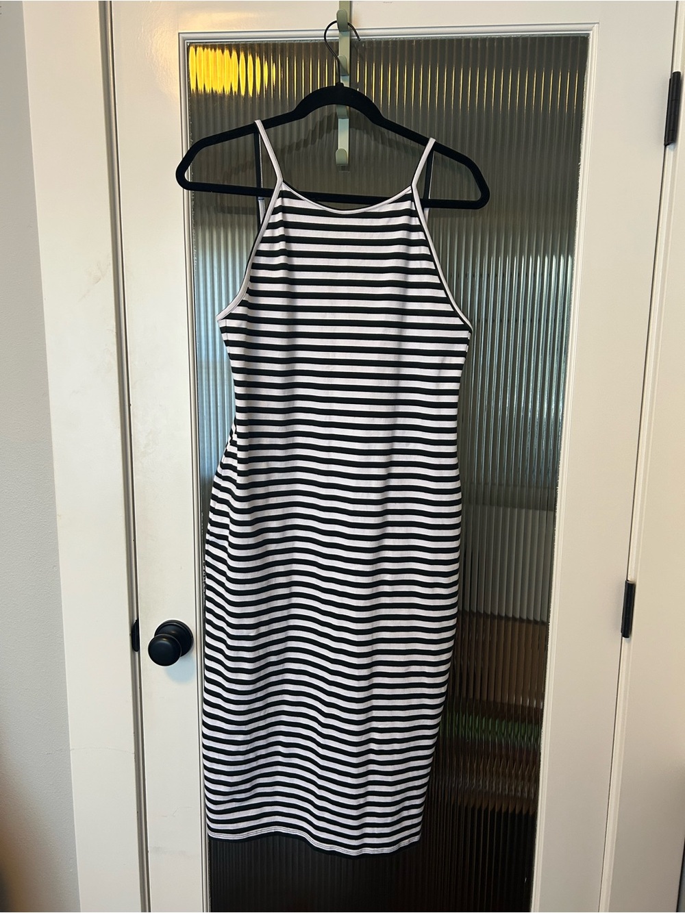 Manners London Black and White Striped Spaghetti Strap Bodycon High Neck Dress